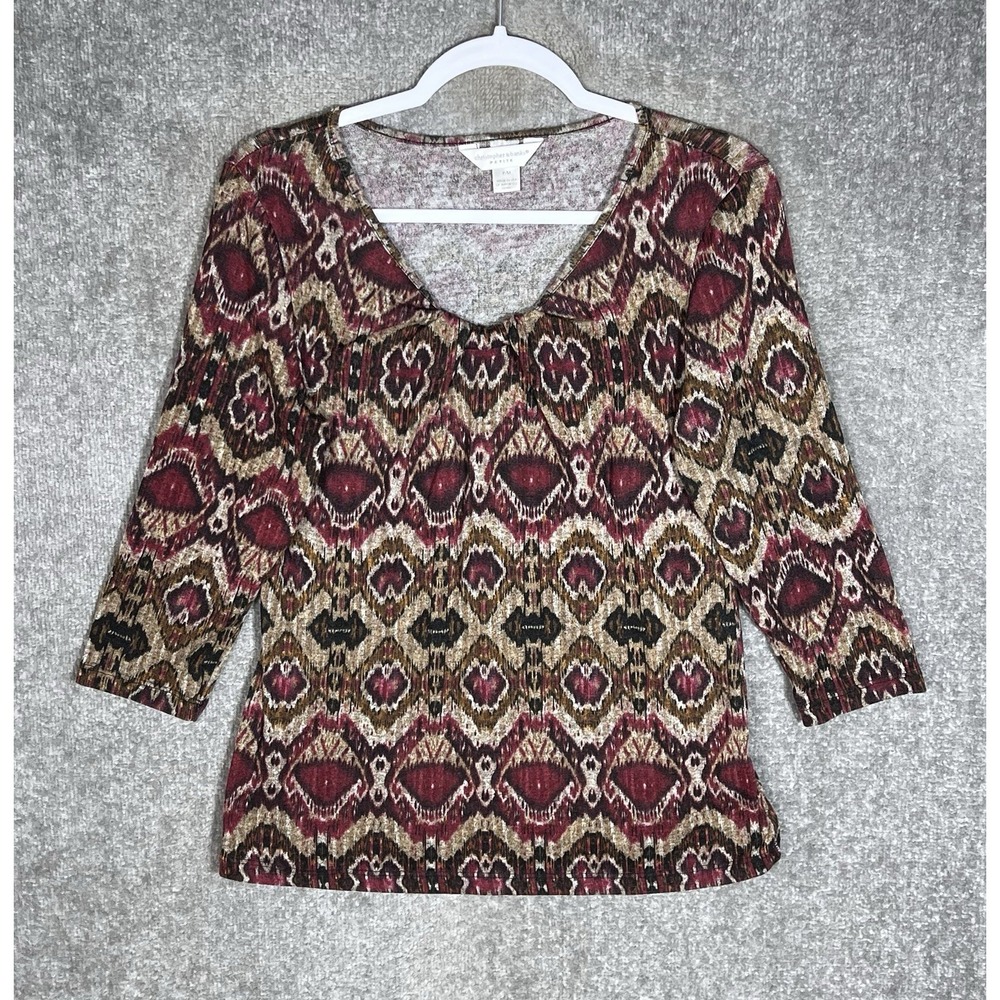 Christopher & Banks Ikat Print Top Womens Size PM Red Brown Stretch 3/4 Sleeve